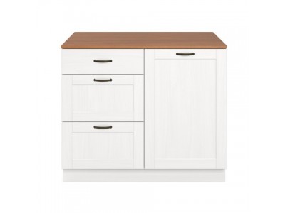 Armário bancada para cozinha com uma porta e três gavetas na cor branco lavado com honey / coleção Alma